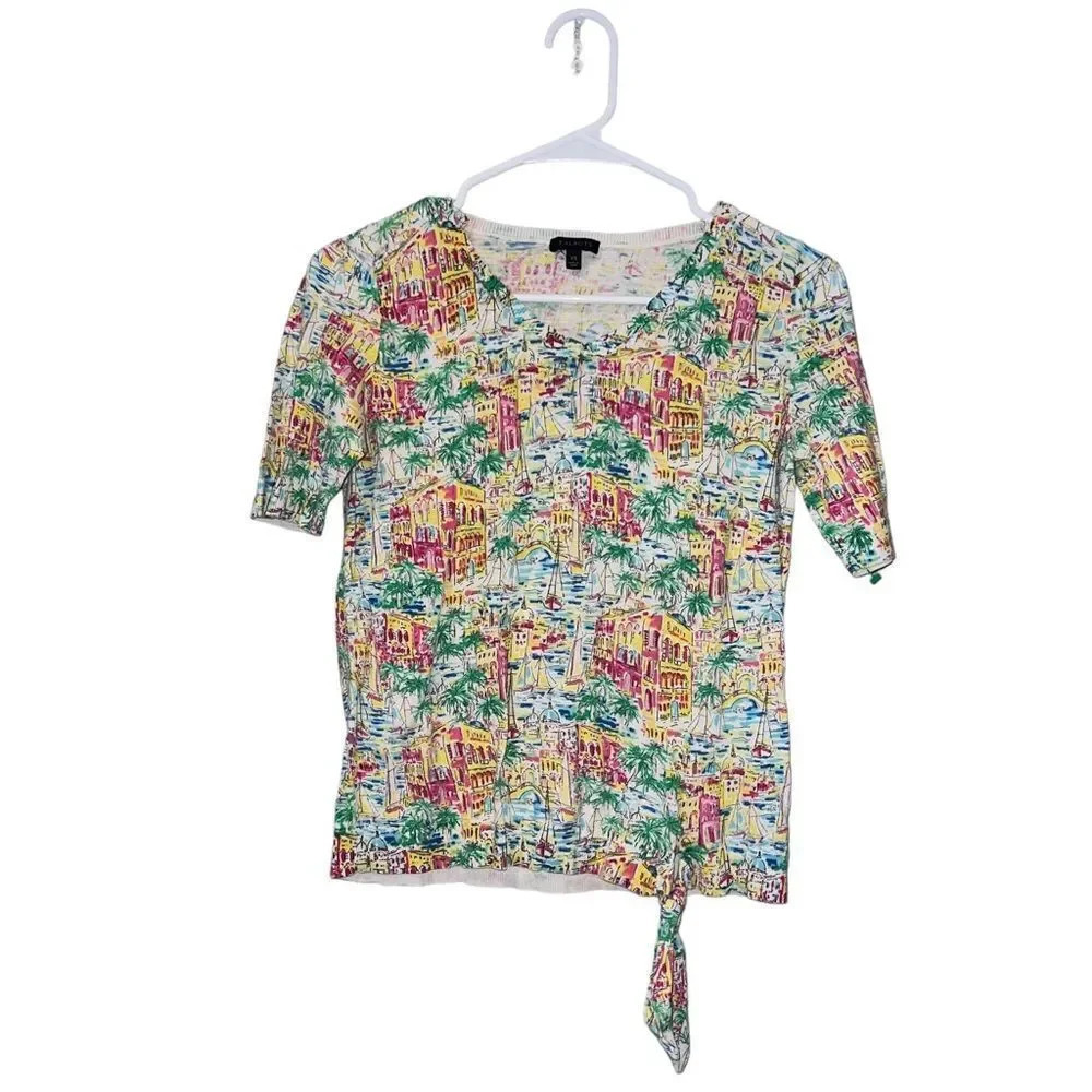 Talbots Women's XS Santorini Greece Print Cotton Top Short Sleeve V-Neck Tie Hem